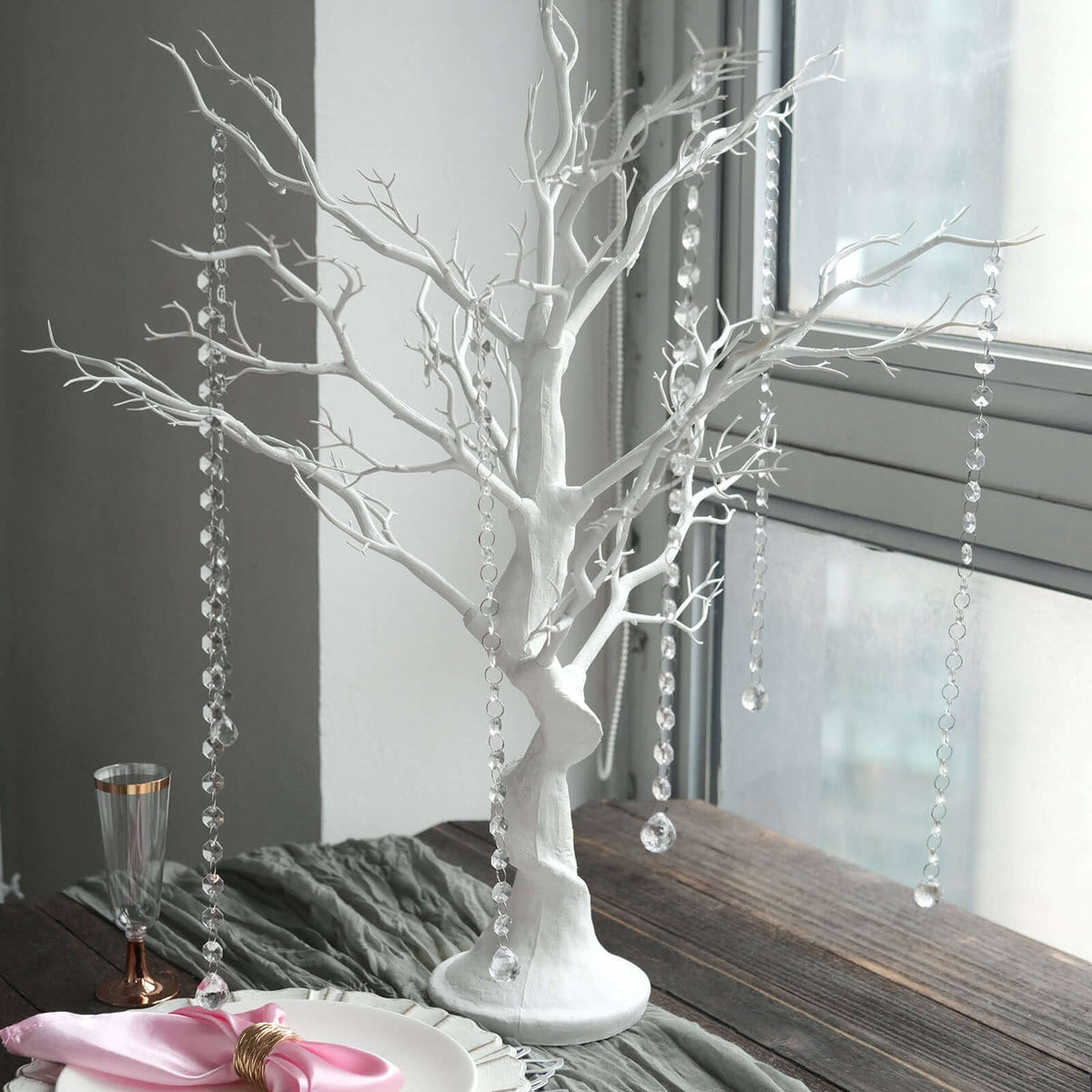 34" Artificial White Manzanita Tree Centerpiece – Easy Assembly with 8 Acrylic Bead Chains - By TCF Linen
