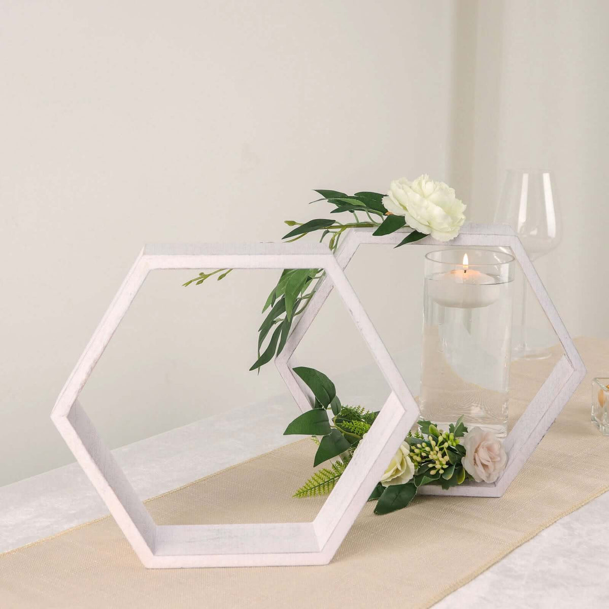 Whitewashed Wood Hexagon Display 9" – Set of 2 Geometric Terrarium Honeycomb Centerpieces - By TCF Linen