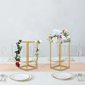 12" Gold Rectangular Metal Flower Stands – 2-Pack Geometric Column Frames for Wedding Arrangements - By TCF Linen