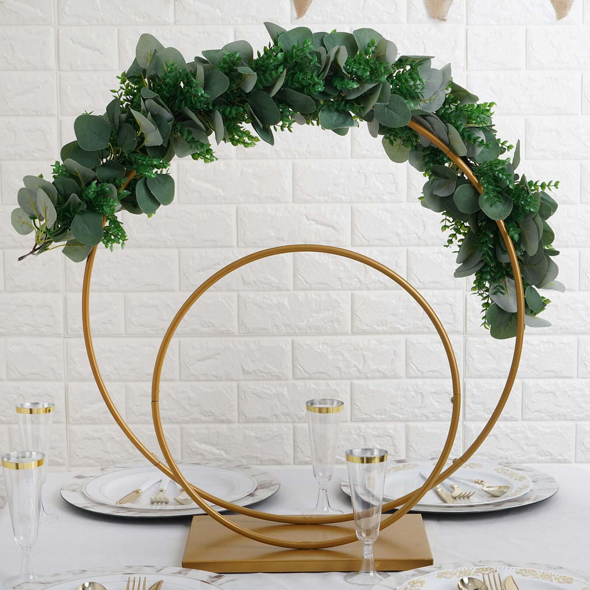 Double Hoop Gold Metal Centerpiece 24" & 16" – Wedding Flower Stand for Table and Event Décor - By TCF Linen