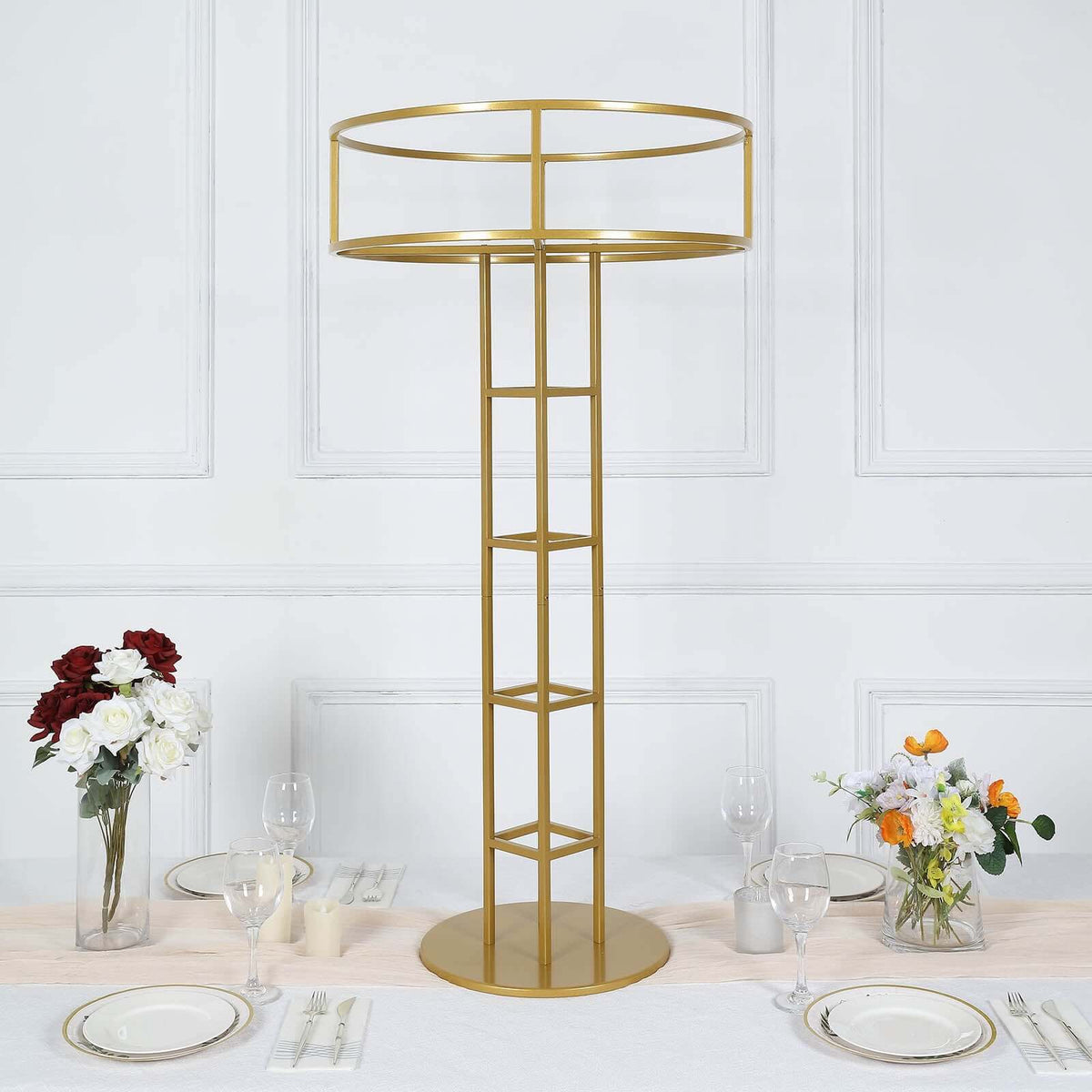 Grand Halo Top 46" Gold Metal Floral Riser – Open Frame Wedding Centerpiece Pedestal - By TCF Linen