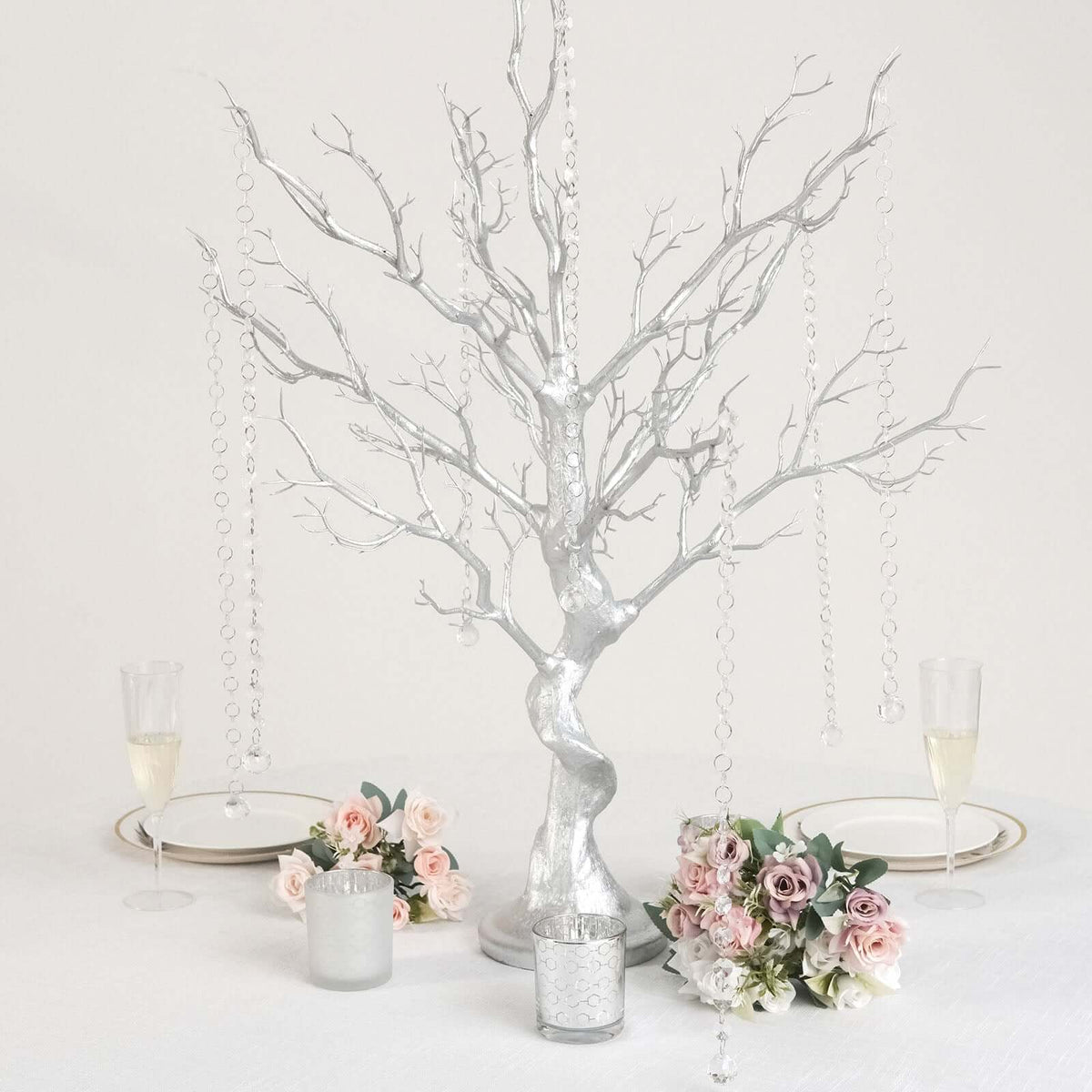 34" Artificial Metallic Silver Manzanita Tree Centerpiece – Easy Assembly with 8 Acrylic Bead Chains - By TCF Linen