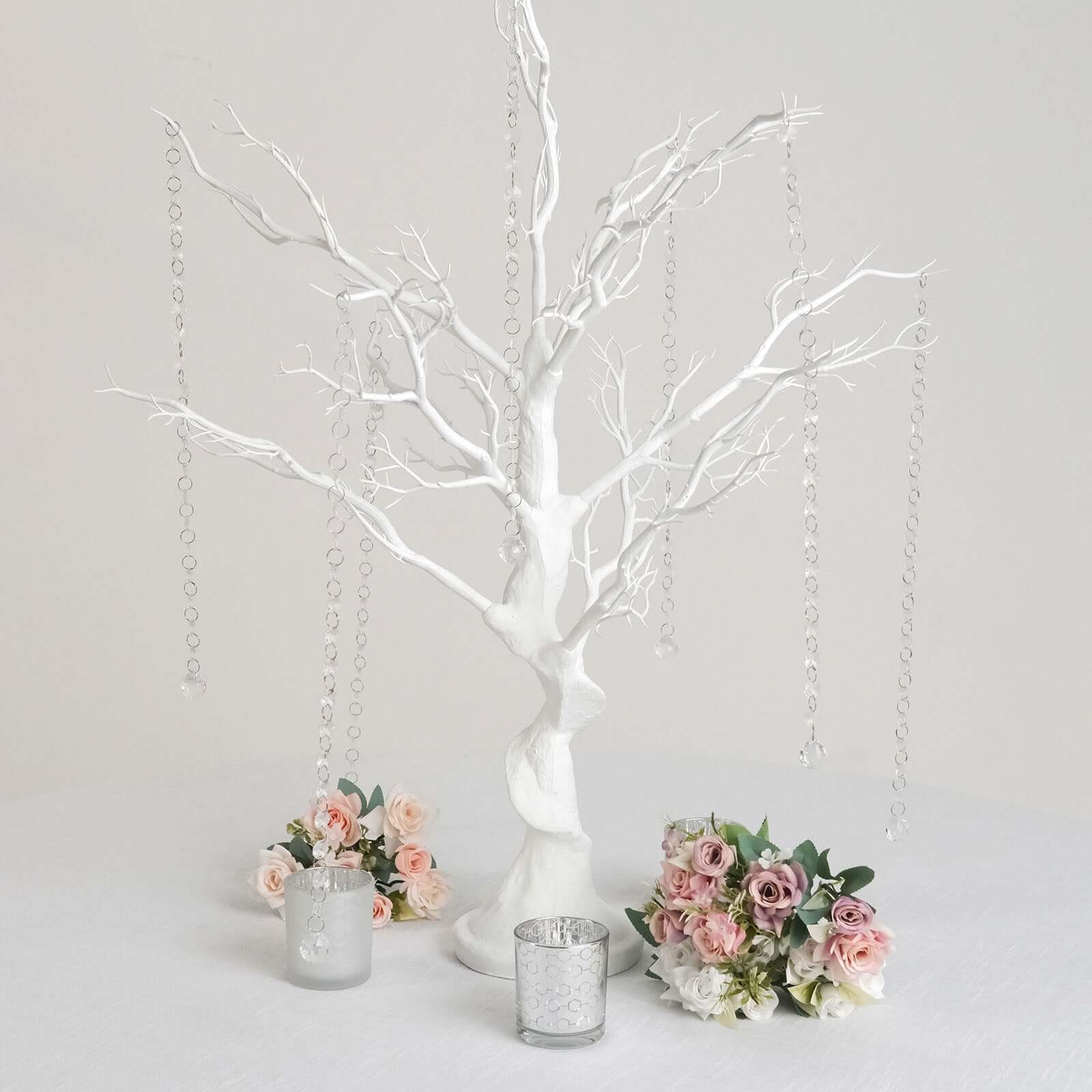34" Artificial White Manzanita Tree Centerpiece – Easy Assembly with 8 Acrylic Bead Chains - By TCF Linens