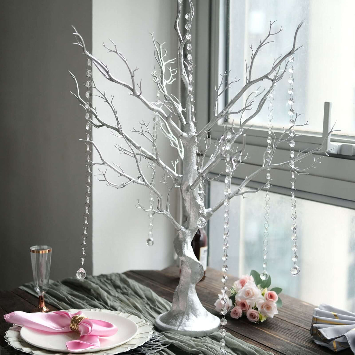 34" Artificial Metallic Silver Manzanita Tree Centerpiece – Easy Assembly with 8 Acrylic Bead Chains - By TCF Linen