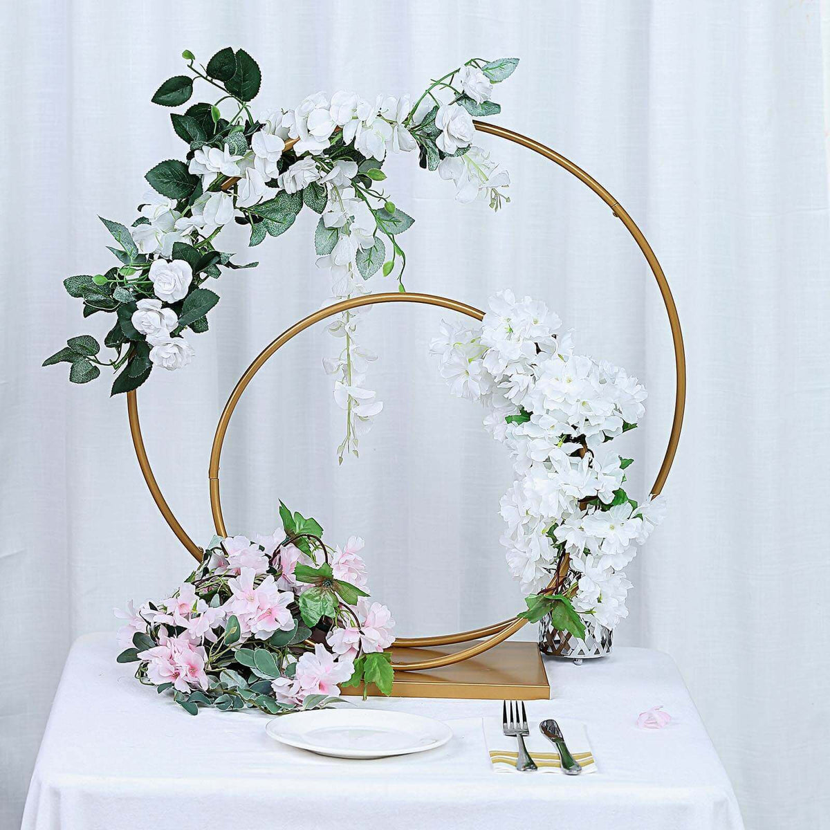 Double Hoop Gold Metal Centerpiece 24" & 16" – Wedding Flower Stand for Table and Event Décor - By TCF Linen