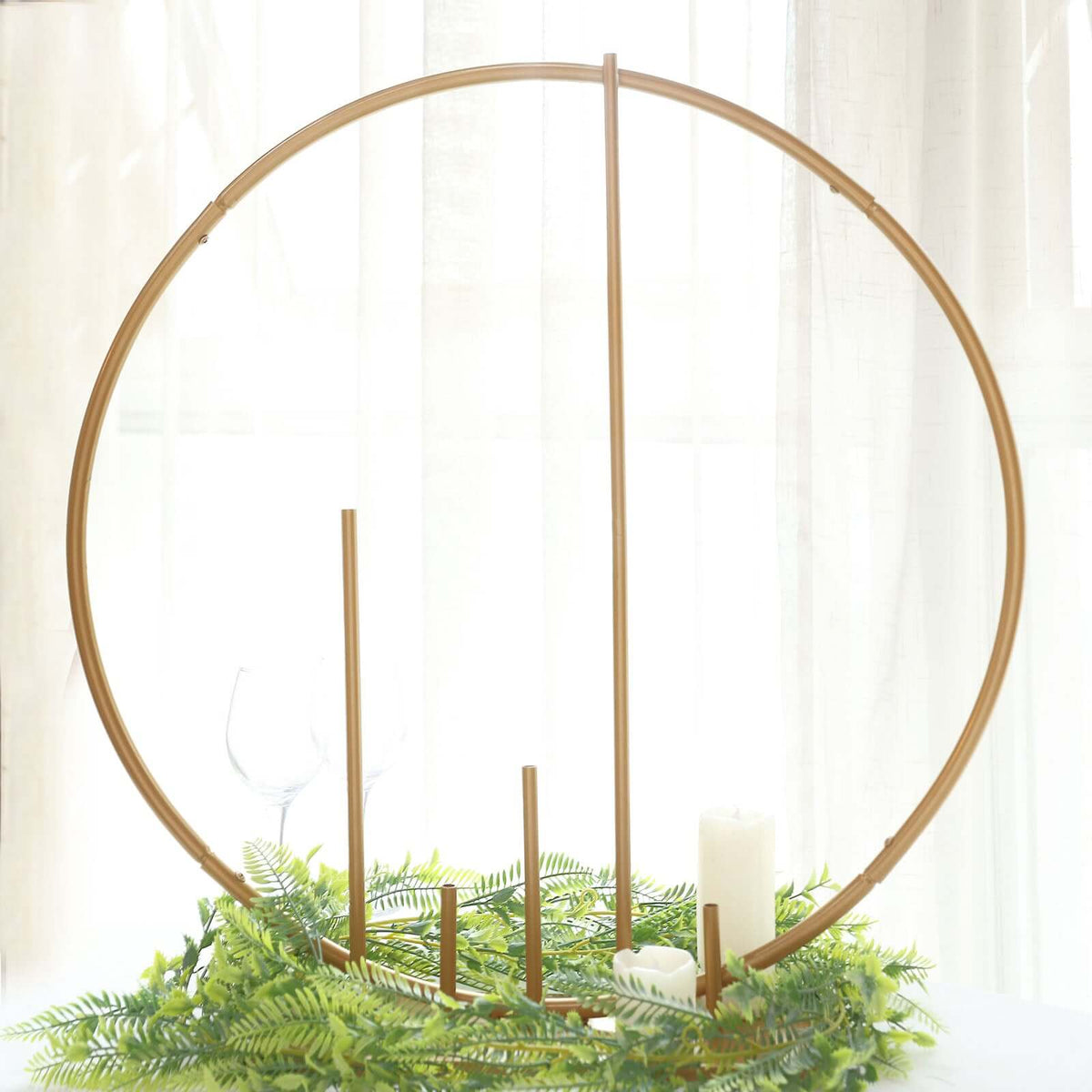 Gold Metal Floral Hoop Centerpiece 24" Round – Self-Standing Wedding Table Arch Frame with Pillars - By TCF Linen