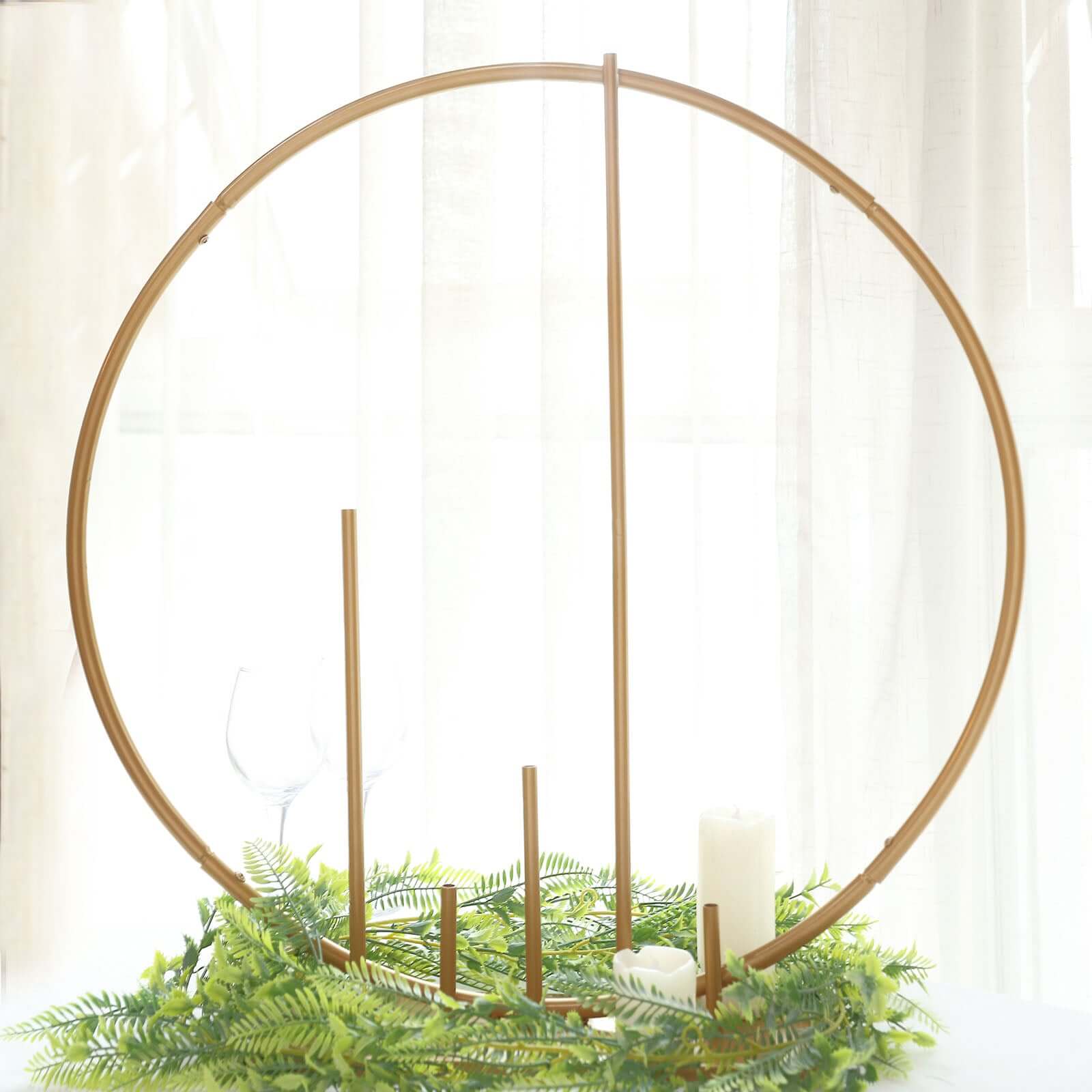 Gold Metal Floral Hoop Centerpiece 24" Round – Self-Standing Wedding Table Arch Frame with Pillars - By TCF Linens
