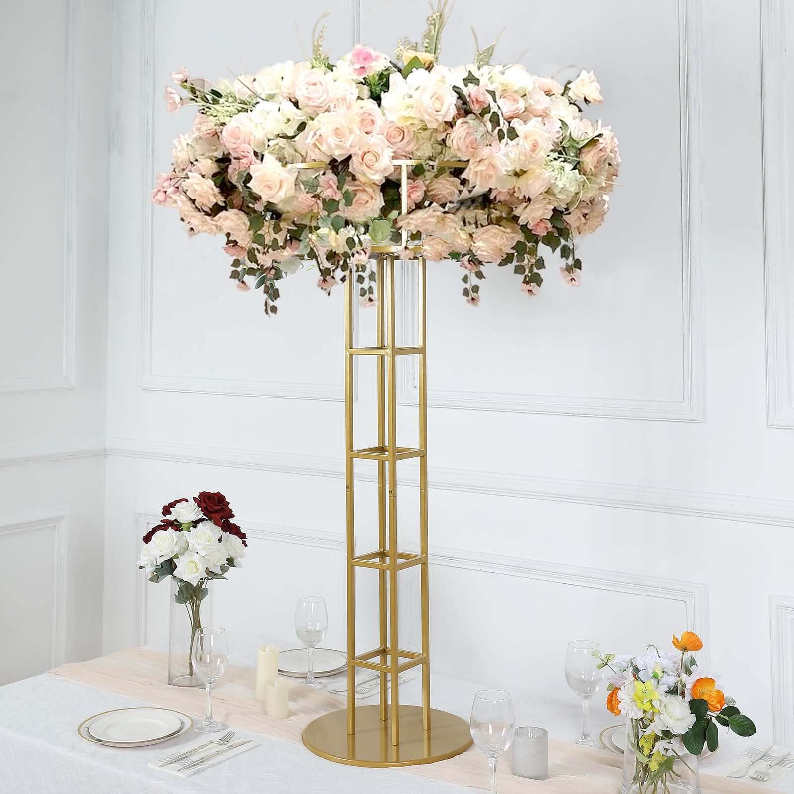 Grand Halo Top 46" Gold Metal Floral Riser – Open Frame Wedding Centerpiece Pedestal - By TCF Linens