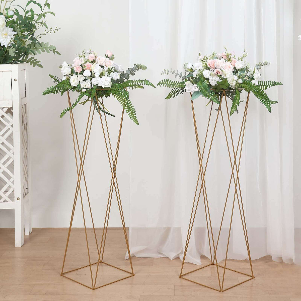 Set of 2 Gold Metal Pedestal Stands – 32" Open Column Wedding Centerpieces with Geometric Crisscross Design - By TCF Linen