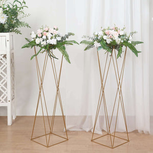 Set of 2 Gold Metal Pedestal Stands – 32" Open Column Wedding Centerpieces with Geometric Crisscross Design - By TCF Linen