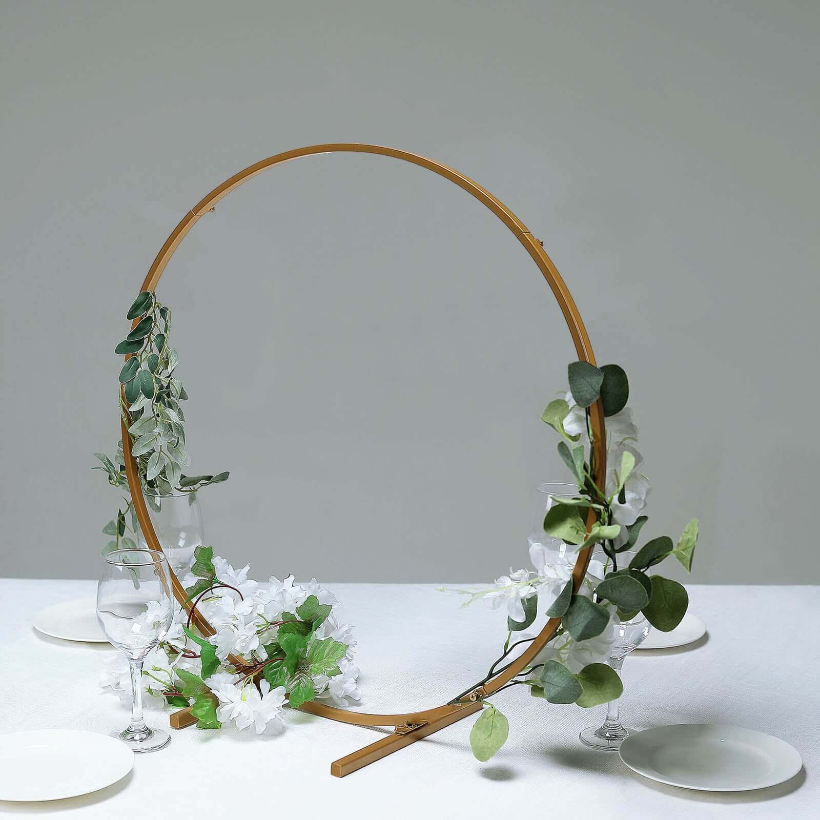 Gold Metal Hoop Wreath Centerpiece 24" – Round Arch Table Display for Weddings and Events - By TCF Linens