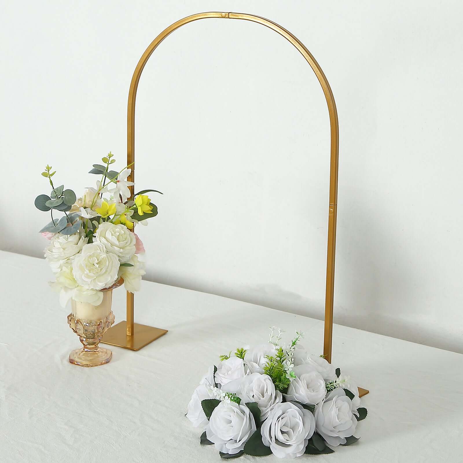 35" Gold Metal Wedding Cake Chiara Arch Centerpiece – Rounded Top Flower Stand Frame with Detachable Base - By TCF Linens