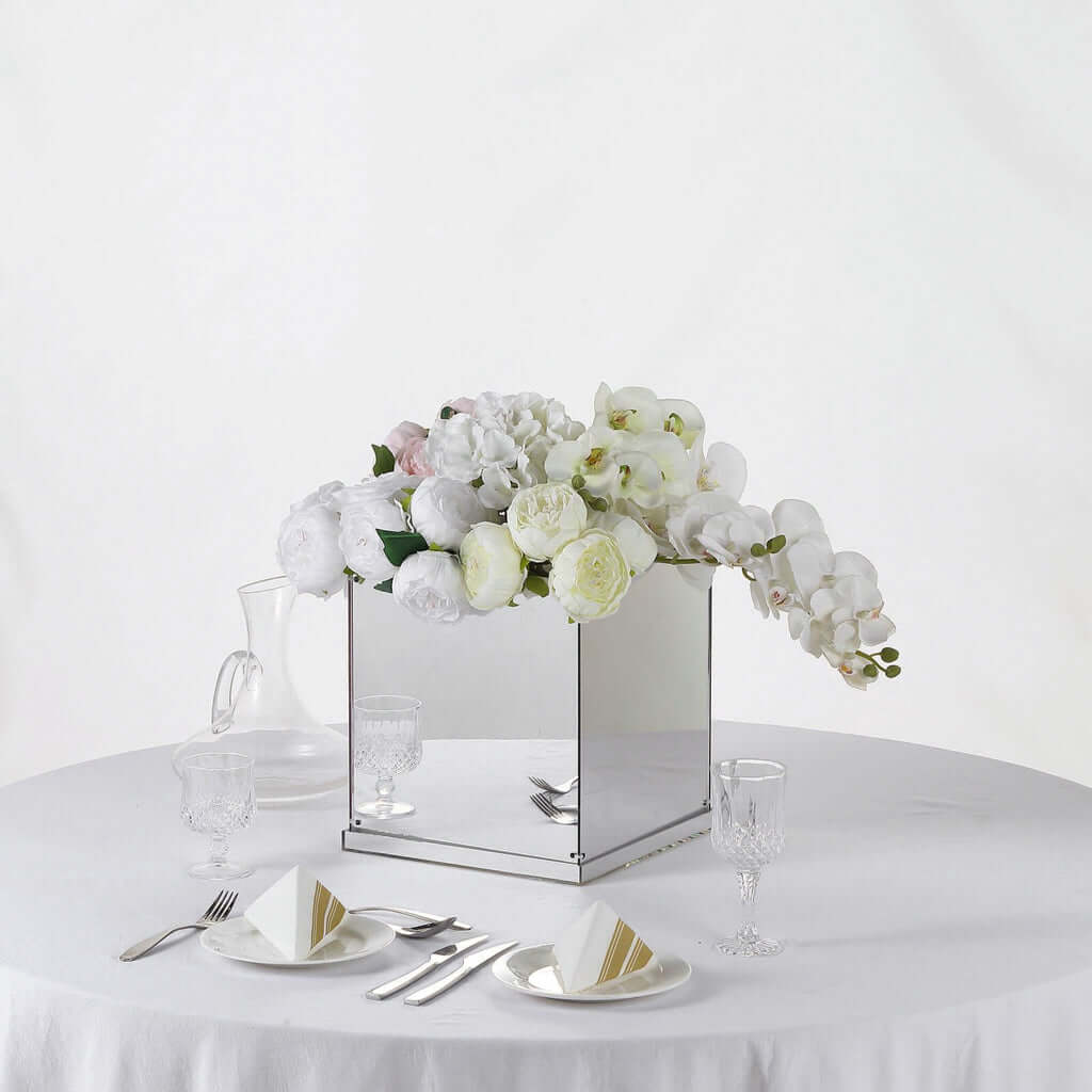 12" Silver Mirrored Acrylic Display Box – Pedestal Riser with Interchangeable Lid and Base - By TCF Linen