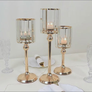Gold Crystal Pendant Hurricane Candle Holders – Set of 3 Elegant Cylindrical Table Centerpieces for Pillar Candles, 11", 13", 15" - By TCF Linen