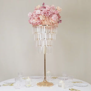 4-Tier Gold Crystal Pendant Chandelier Table Centerpiece 38" – Metal Flower Stand with Square Frame and Hanging Crystals - By TCF Linen