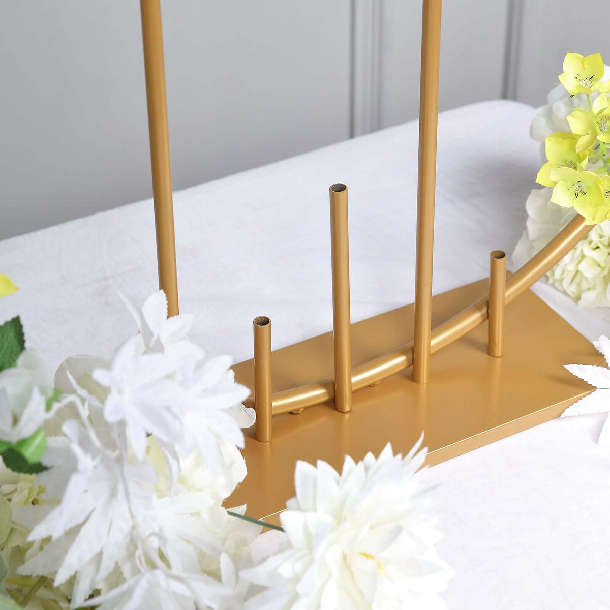Gold Metal Floral Hoop Centerpiece 24" Round – Self-Standing Wedding Table Arch Frame with Pillars - By TCF Linen
