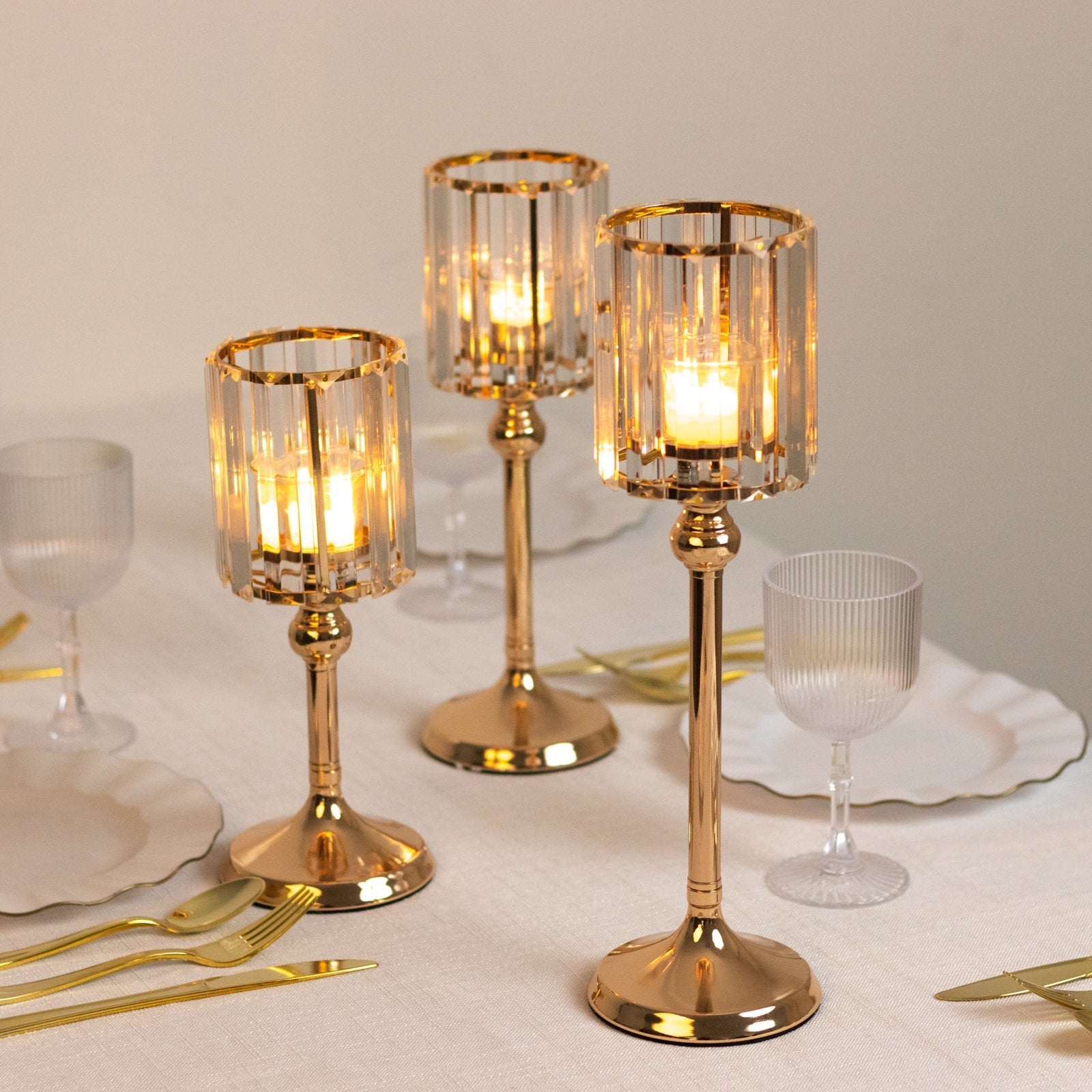 Gold Crystal Pendant Hurricane Candle Holders – Set of 3 Elegant Cylindrical Table Centerpieces for Pillar Candles, 11", 13", 15" - By TCF Linens