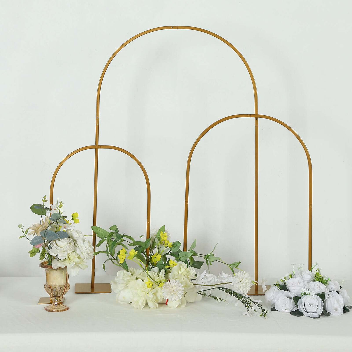3-Piece Set Gold Metal Chiara Arch Centerpieces – Wedding Cake Flower Stand Frames 20", 23", 35" with Detachable Base - By TCF Linen