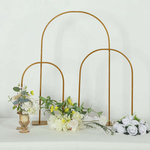 3-Piece Set Gold Metal Chiara Arch Centerpieces – Wedding Cake Flower Stand Frames 20", 23", 35" with Detachable Base - By TCF Linen
