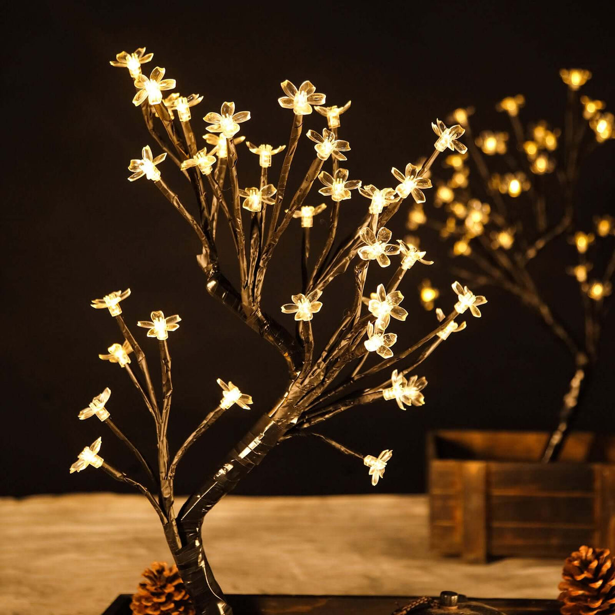 Set of 2 Black Artificial Tree Centerpieces – Cherry Blossom Design with 36 Warm White LED Battery Lights - By TCF Linen