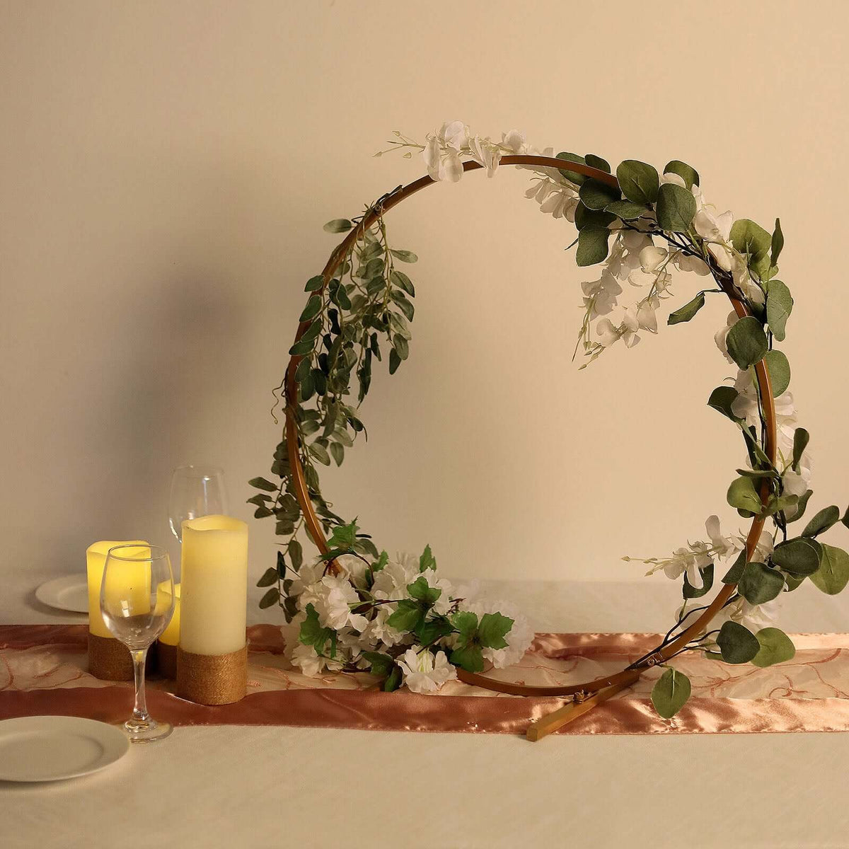 Gold Metal Hoop Wreath Centerpiece 24" – Round Arch Table Display for Weddings and Events - By TCF Linen