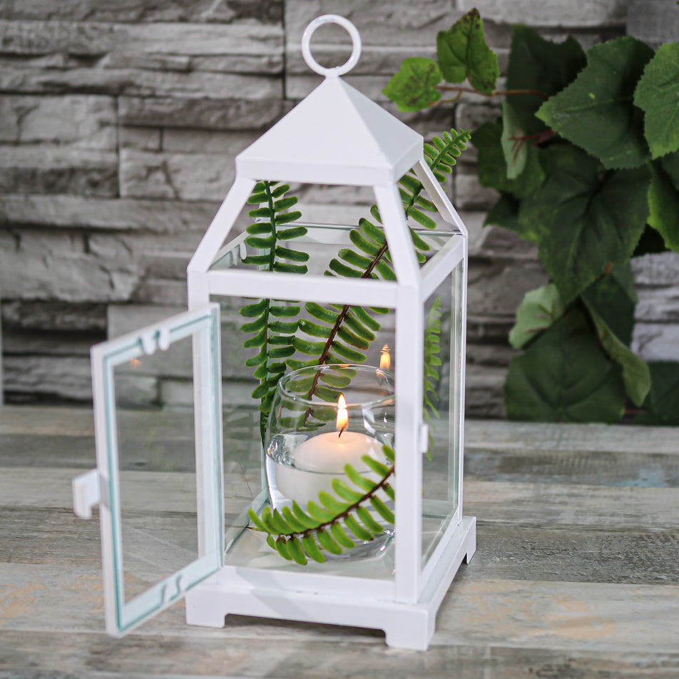 richland white contemporary metal lantern with clear glasses smallRichland White Contemporary Metal Lantern with Clear Glasses - Small