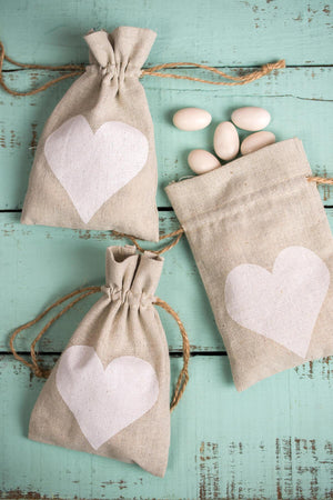 linen heart favor bags 12 bags 4x6
