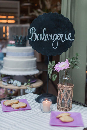 scalloped metal chalkboard with stand oval