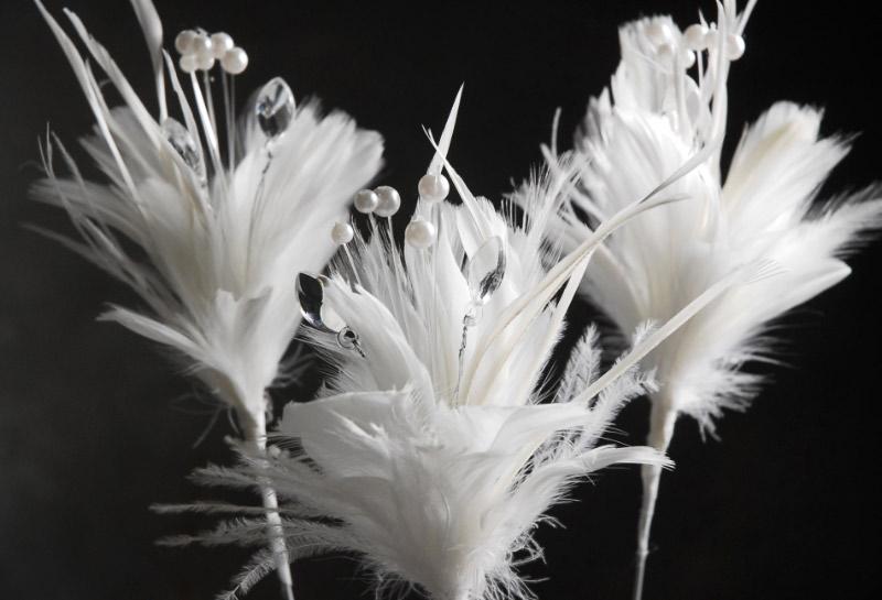 White Decorative Feather, Pearls & Crystals 22" Stem
